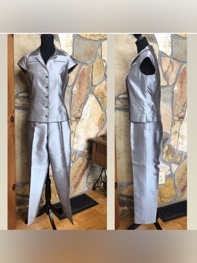 Vintage CARLISLE Silk Pantsuit Top Pants Belt Silver Gray (4)